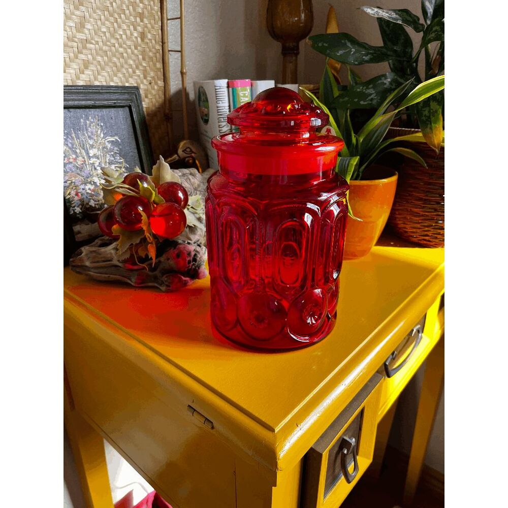 Vintage L.E. Smith Glass Moon and Stars Amberina Medium Lidded Canister